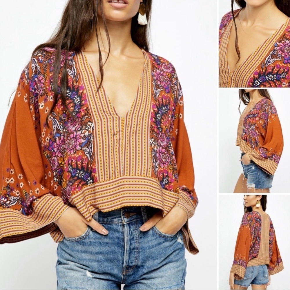 Free People Mix N Match Blouse Bell Sleeve V Neck Rust Orange Combo Floral XS